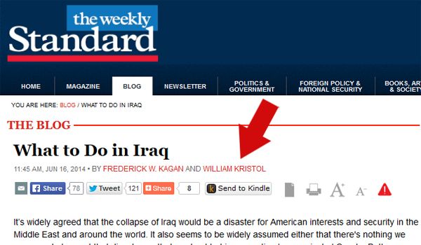 screen cap of an article at the Weekly Standard co-authored by Bill Kristol, entitled 'What to Do in Iraq'