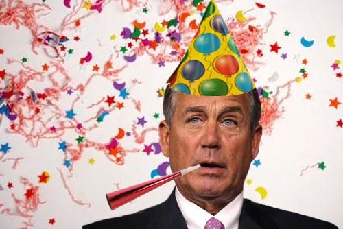 image of Boehner photoshopped to be wearing a party hat and blowing a noisemaker, while surrounded by confetti