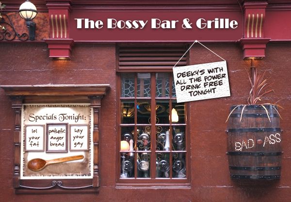 image of a pub Photoshopped to be named 'The Bossy Bar & Grille'