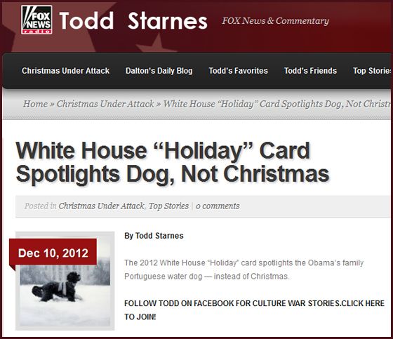 screen cap of Fox News site with image of holiday card and headline reading: 'White House 'Holiday' Card Spotlights Dog, Not Christmas'