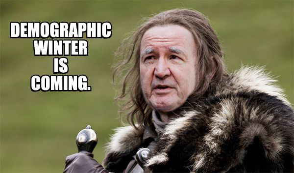 image of Pat Buchanan as Ned Stark from Game of Thones, saying 'Demographic winter is coming.'