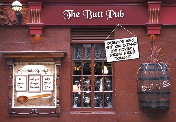 image of a pub photoshopped to be named 'The Butt Pub'
