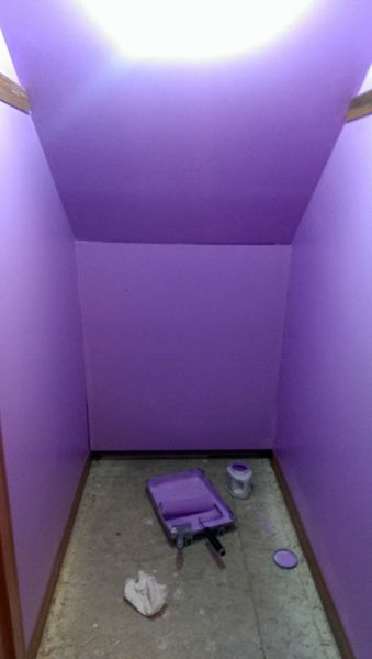 image of the closet with bare floor and newly purple walls