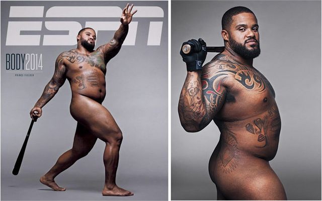 two images of Fielder, one on the cover and one from inside the magazine; he is a tall, muscled, fat, tattooed, black man with a shaved head and a full beard, posing naked with a baseball bat