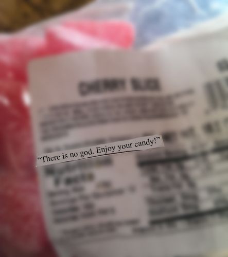 image of the nutritional label with a message reading: 'There is no god. Enjoy your candy!'
