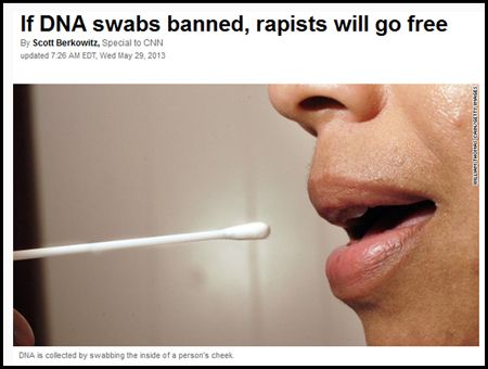 image of a mouth that looks like a woman's mouth with lips slightly parted and a q-tip about to go in, labeled 'DNA is collected by swabbing the inside of a person's cheek.'