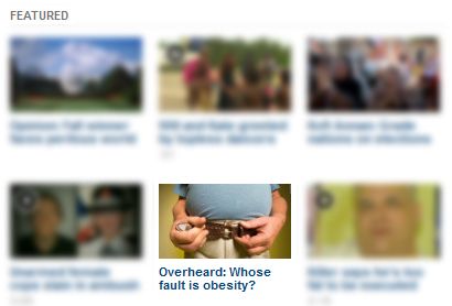 a screenshot of the featured articles section in which I've highlighted a photo cropped to show just a fat man's belly accompanied by a headline reading: 'Overheard: Whose fault is obesity?'