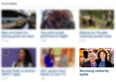 a screencap of CNN's 'Featured' section with a picture of Danny DeVito and Rhea Perlman accompanied by the text 'Shocking celebrity splits'