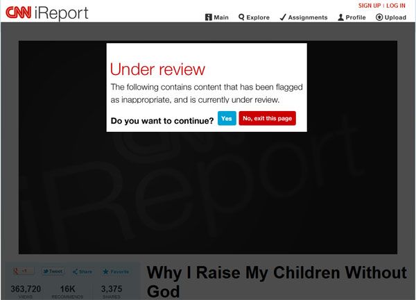 screen cap of a warning that indicates the article is 'under review' because it 'contains content that has been flagged as inappropriate,' and asks if you're sure you want to proceed