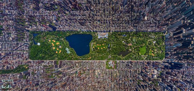 panoramic aerial view of Central Park and the immediately surrounding area of Manhattan