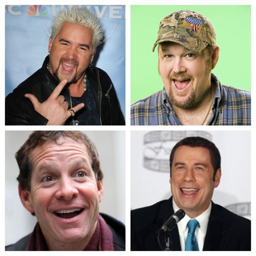 collage of Guy Fieri, Larry the Cable Guy, Steve Guttenberg, and John Travolta