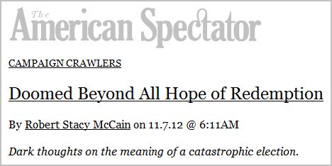 screen cap of a headline from the conservative American Spectator magazine reading 'Doomed Beyond All Hope of Redemption'