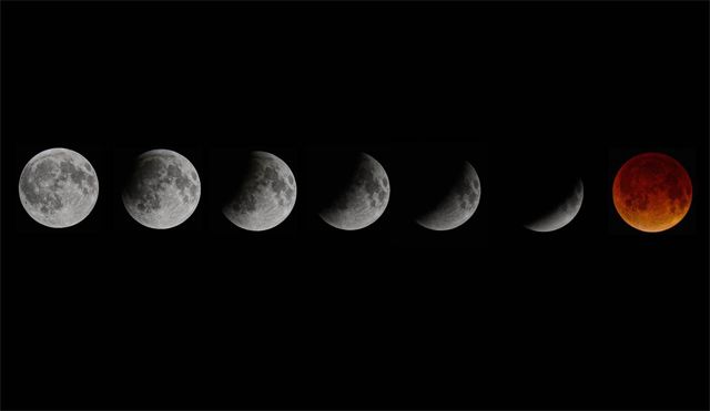 image showing a series of images of the moon, slowly being shrouded in shadow and then appearing to be red