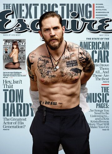 image of the cover of the new issue of Esquire magazine, featuring Tom Hardy taking his shirt off to reveal a chest full of tattoos