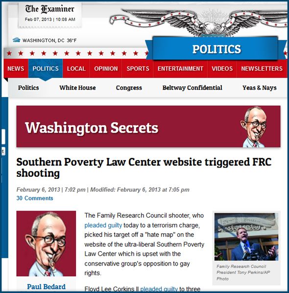 screen cap of a page from the conservative newspaper the Washington Examiner of an article headlined: 'Southern Poverty Law Center website triggered FRC shooting'