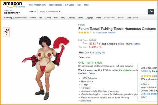 screen cap of an Amazon item page listing a 'Forum Tassel Twirling Tessie Humorous Costume' featuring an image of a man in a female fat suit that is sporting breast tassels and a string bikini bottom; the item notes it is a 'Gender-bending fun costume for Halloween, parade or prank'