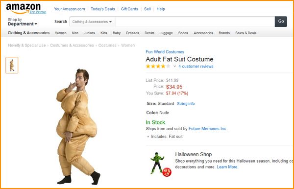 screen cap of an Amazon item page listing an 'Adult Fat Suit Costume' featuring an image of a man in a female fat suit; the suit is beige and the color is listed as 'nude'