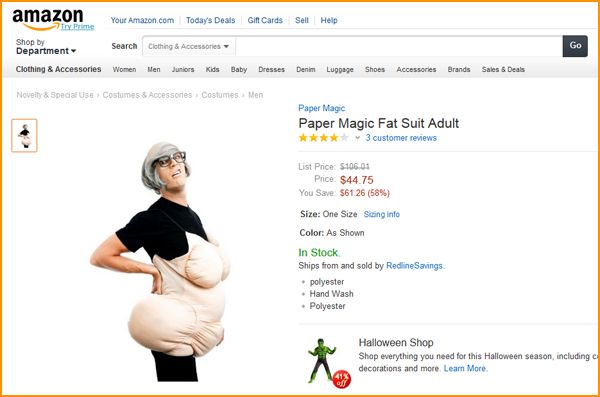 screen cap of an Amazon item page listing a 'Paper Magic Fat Suit Adult' featuring an image of a man in a female fat torso suit; he is wearing a gray female wig and glasses and grimacing