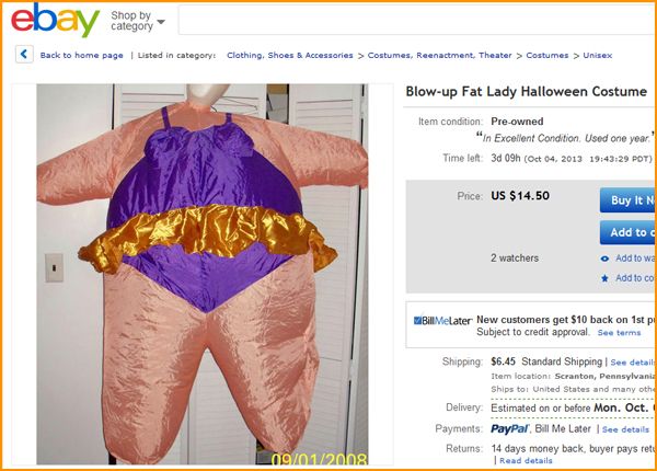 screen cap of an eBay listing for a 'Blow-up Fat Lady Halloween Costume,' featuring an image of a fat suit in purple leotard with gold tutu hanging on a closet door; the listing notes: 'In Excellent Condition. Used one year.'