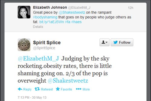 screen cap of someone responding to a positive recommendation of my article with: 'Judging by the sky rocketing.obesity rates, there is little shaming going on. 2/3 of the pop is overweight'