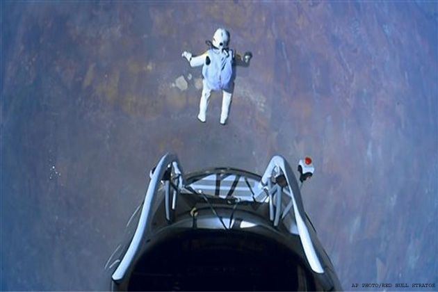 image of world record-setting space jumper Felix Baumgartner in freefall immediately after leaping from his pod