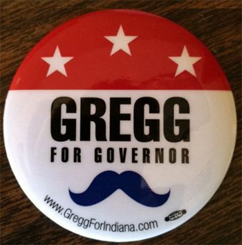 image of a campaign button reading Gregg for Indiana and featuring a graphic of a mustache