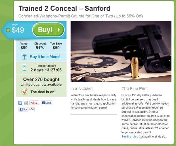 screen cap of Groupon carry and conceal deal, featuring image of handgun