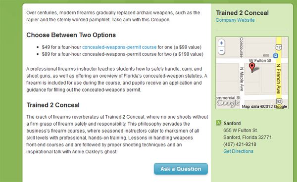 screen cap of Groupon carry and conceal deal, featuring map pinpointing Sanford