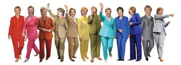 image of a series of pix of Hillary Clinton, in various brightly colored pantsuits