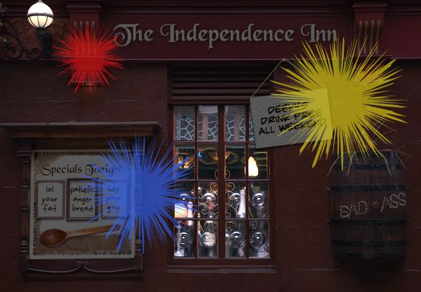 image of a pub Photoshopped to be named 'The Independence Inn,' lit up by photoshopped fireworks