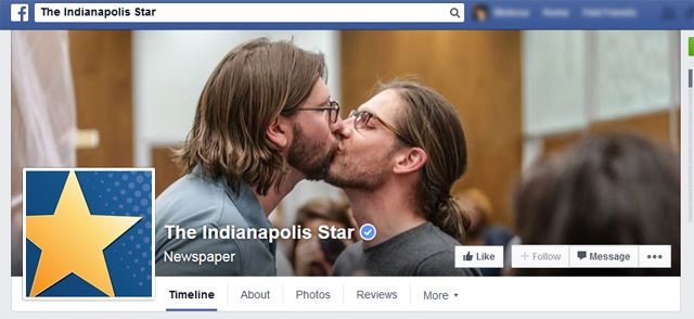 screen cap of the Indianapolis Star's FB page showing a picture of two young white men kissing after being married in Indianapolis yesterday
