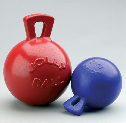 image of red and blue 'Jolly Balls,' which are indestructible balls for dogs with handles for easy throwing