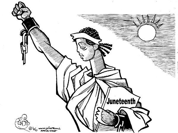 political cartoon reimagining the Statue of Liberty as a black woman holding a tablet reading 'Juneteenth' and holding up a fist of solidarity with a broken shackle around her wrist