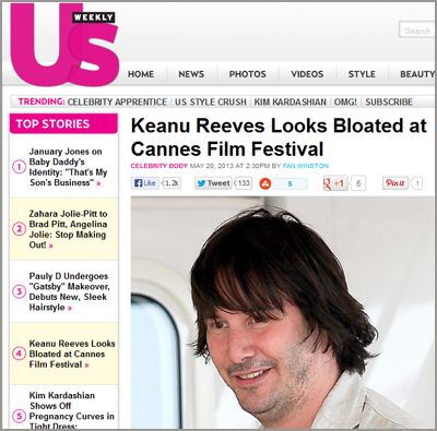 screencap of an US Weekly story headlined 'Keanu Reeves Looks Bloated at Cannes Film Festival' accompanied by a picture of Keanu Reeves