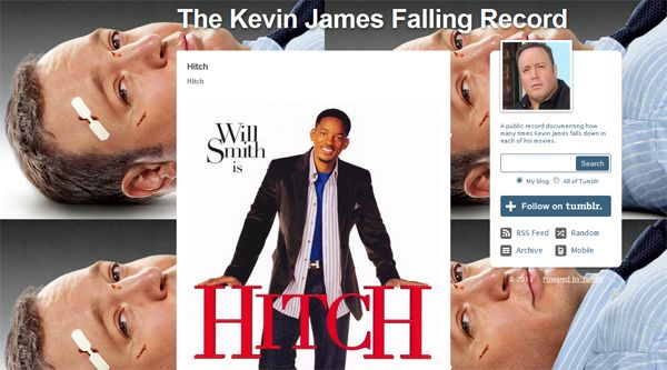 screen cap of the site, which features a repeating background image of actor Kevin James lying on his back with his face busted up
