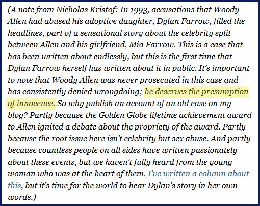 screen cap of Kristof's intro to Dylan Farrow's piece, with quoted phrase highlighted