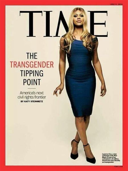 image of Laverne Cox, a young black trans woman wearing a blue dress, on the cover of Time magazine, featuring text reading: 'The Transgender Tipping Point: America's next civil rights frontier'