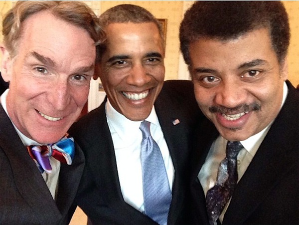 self-taken image of Bill Nye, a middle-aged white man; President Barack Obama, a middle-aged black man; and Neil deGrasse Tyson, a middle-aged black man