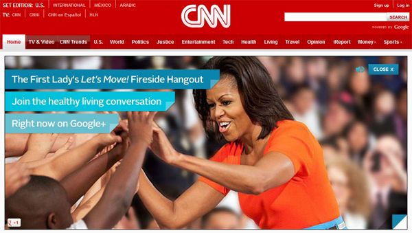 image of First Lady Michelle Obama high-fiving people in an audience, with three links reading: 1. The First Lady's Let's Move! Fireside Hangout 2. Join the healthy living conversation 3. Right now on Google+