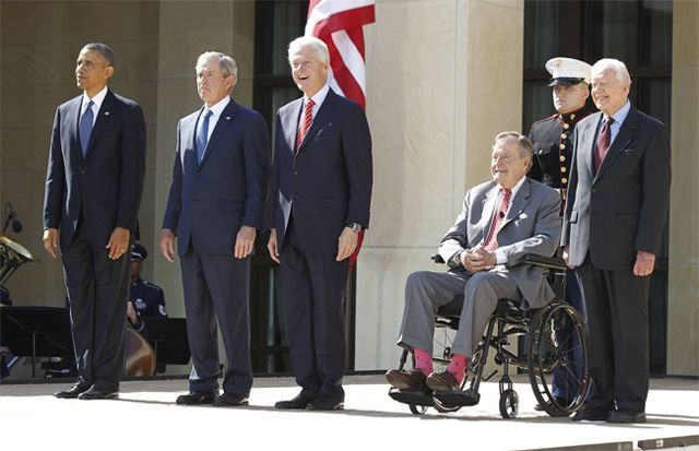 image of Presidents B. Obama, GWB, B. Clinton, GHWB, and Jimmy Carter