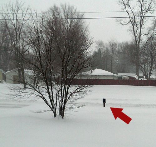image of our snowy front yard, with a red arrow pointing to a wee bit of the mailbox peeking out above the snow
