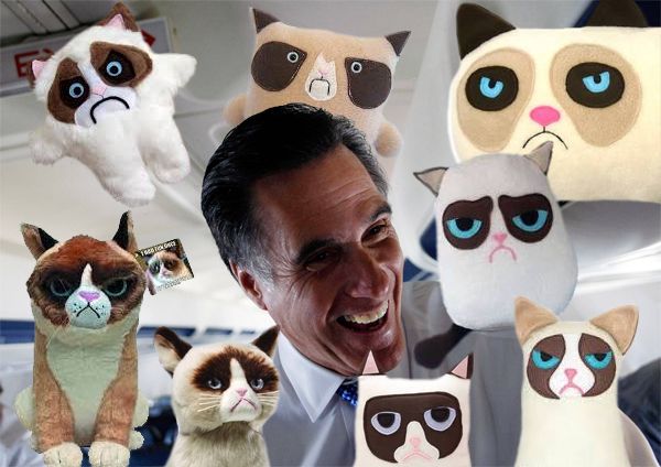 image of Mitt Romney grinning, surrouded by plushy Grumpy Cats I have photoshopped into the picture