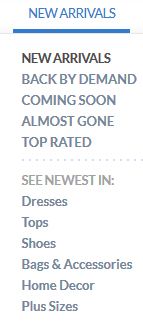 screen cloth of ModCloth menu showing a list of links: 'See Newest In: Dresses, Tops, Shoes, Bags & Accessories, Home Decor, Plus Sizes'