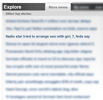 screen cap of NBC News featured news section with linked headline reading 'Radio star tried to arrange sex with girl, 7, feds say'