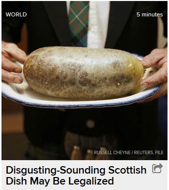 image of a haggis on a plate being held by a man in Scottish traditional clothes, accompanied by the headline: 'Disgusting-Sounding Scottish Dish May Be Legalized'