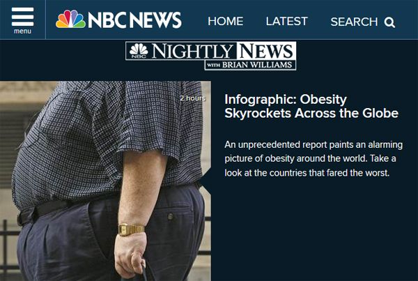 image of a news story headlined 'Infographic: Obesity Skyrockets Across the Globe: An unprecedented report paints an alarming picture of obesity around the world. Take a look at the countries that fared the worst.' accompanied by a photo of the midsection of a fat white man, the top and bottom of whose body have been cropped out