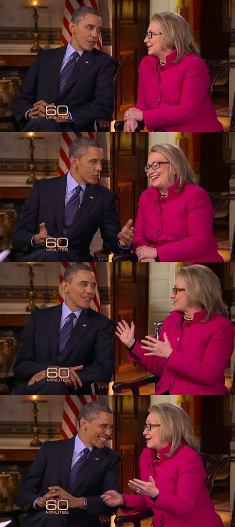 series of four screen caps from the joint interview with Obama and Clinton on 60 Minutes
