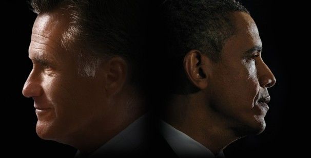 silhouettes of Romney and Obama on a black background