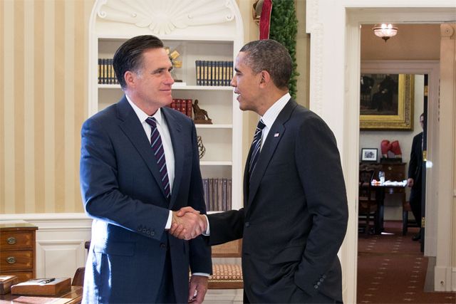 Mitt Romney and President Obama shake hands in the Oval Office