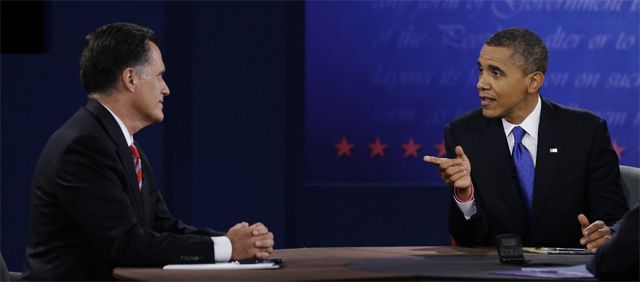 image of Mitt Romney on left and President Obama on right sitting at a table during last night's debate